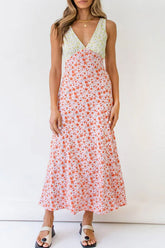 Floral Print V Neck Dress with Contrast Detail and Tie-back InsStreet